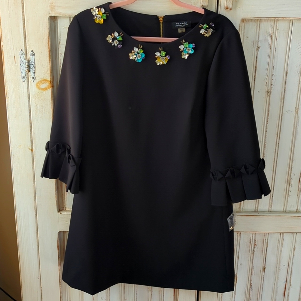 Tahari,Arthur S Levine,Black shift dress with jeweled floral embellishme…